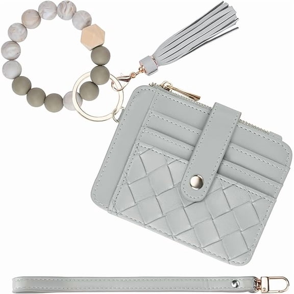 ZLCKeychain Wallet with Bracelet RFID Blocking Wristlet Credit Purse Card Holder, Silicone Bead Tassel Key Ring for Women