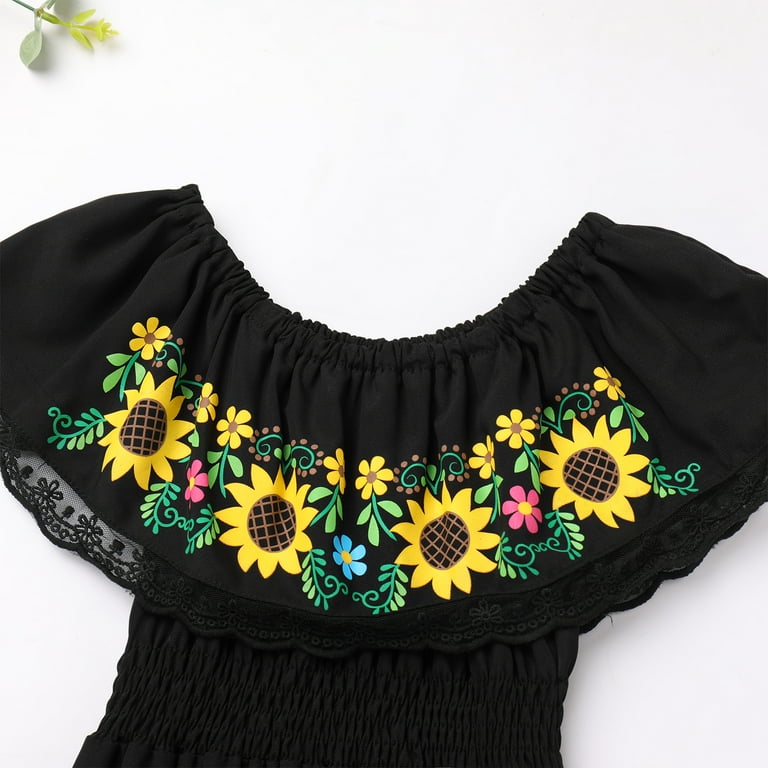 IBTOM CASTLE Mexican Dress for Girls Traditional Off-Shoulder Floral  Embroidery Cinco de Mayo Fiesta Party Folklorico Dress 2-3 Years Black -  Walmart.com