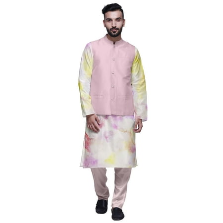 

Atasi Printed Kurta With Solid Pajama & Nehru Jacket Set For Mens Party Wear