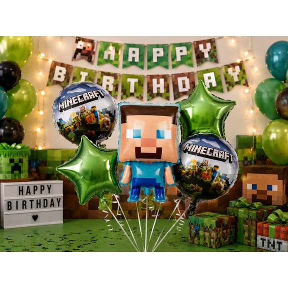 Minecraft Theme Foil Balloon Set – 5 PCS Birthday Party Decoration Balloons for Kids Celebration
