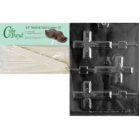 Flowers Casting Mold - Cybrtrayd Large Cross Lolly w/ Flowers Chocolate Candy Mold with 25 4.5-Inch Lollipop Sticks and Exclusive Cybrtrayd Copyrighted Chocolate Molding Instructions