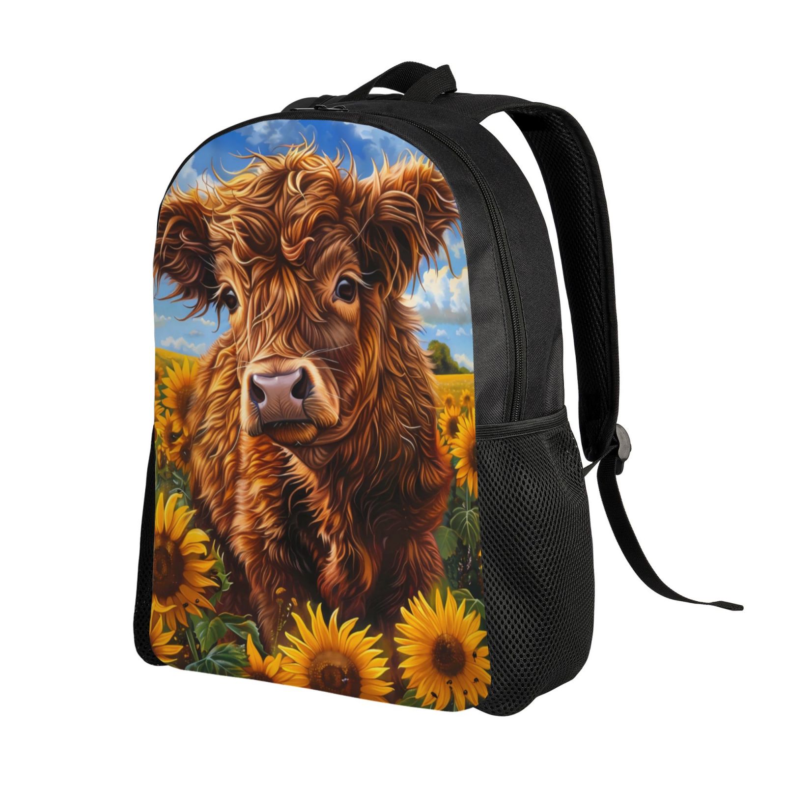 Xecao Cloud Sky Sunflower Cow Print School Backpack with Laptop Compartment Small Travel Laptop Backpack for Women Men Waterproof College Backpack Simple School Bag
