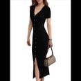thumbnail image 1 of Vestido Midi Informal de Punto Acanalado, Cuello en V y Corta para Mujer, Otoño 2025, Ajustado, para Invierno Negro M, 1 of 8