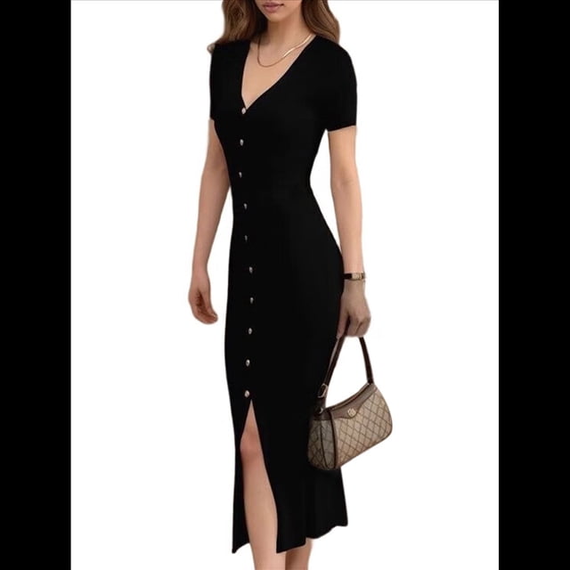 Vestido Midi Informal de Punto Acanalado, Cuello en V y Corta para Mujer, Otoño 2025, Ajustado, para Invierno Negro M