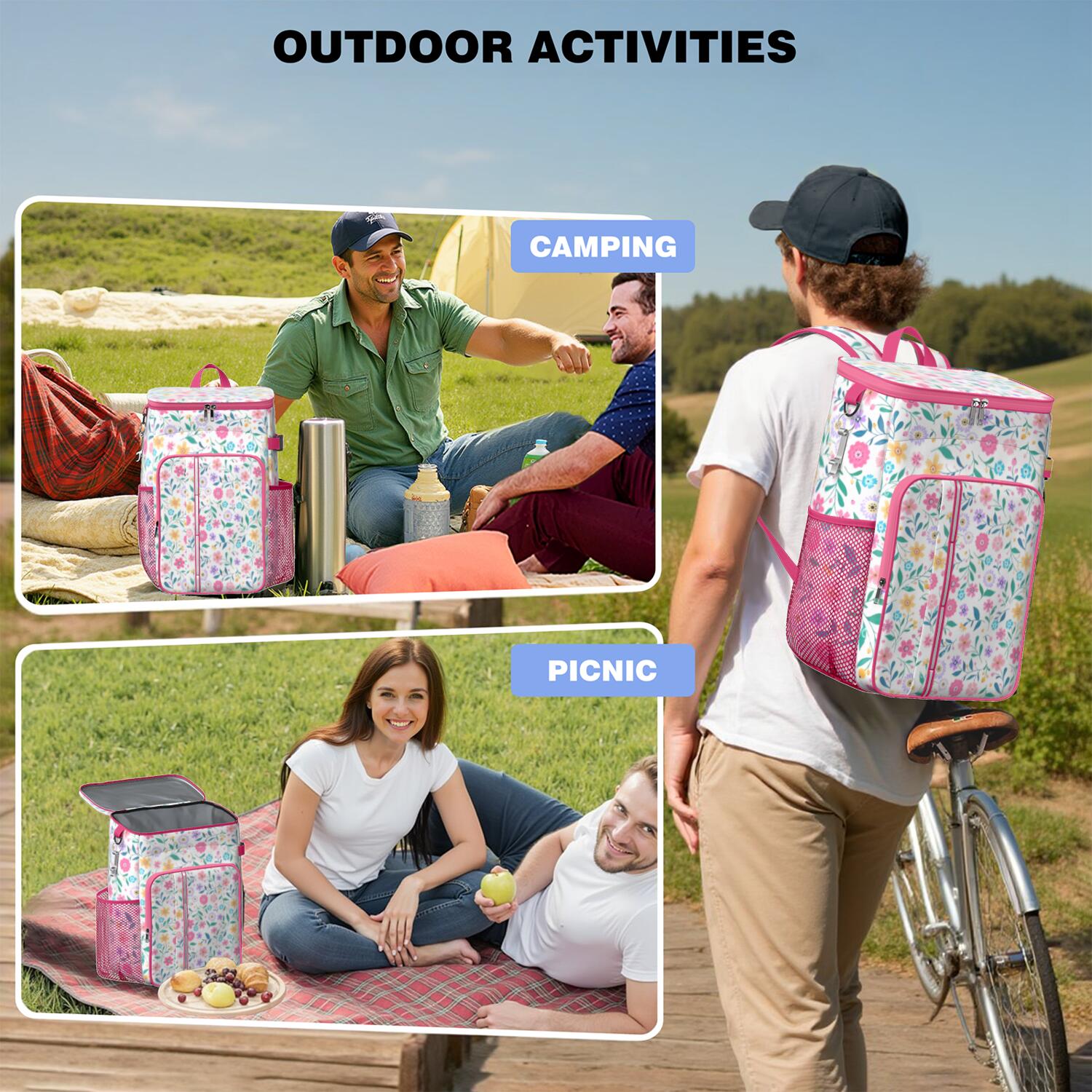 Travel Cooler Bag - Pioneer Flower Floral Print Pattern Camping Beer Cooler Backpack with Bottle Opener- Waterproof Insulated Picnic Backpacks - Cooler Bag for Beach