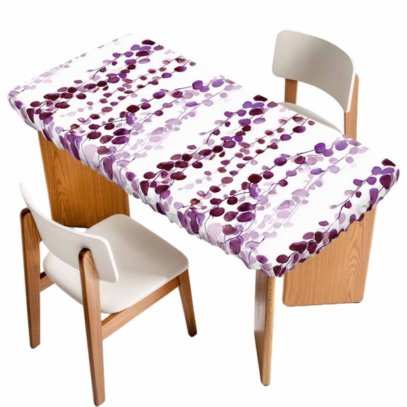 Purple Weeping Eucalyptus Table Cloths for 5 Foot Rectangle Tables, Spring Summer Farmhouse Leaves Patio Waterproof Elastic Fitted Tablecloths, Washable Rectangular Table Cover for Camping