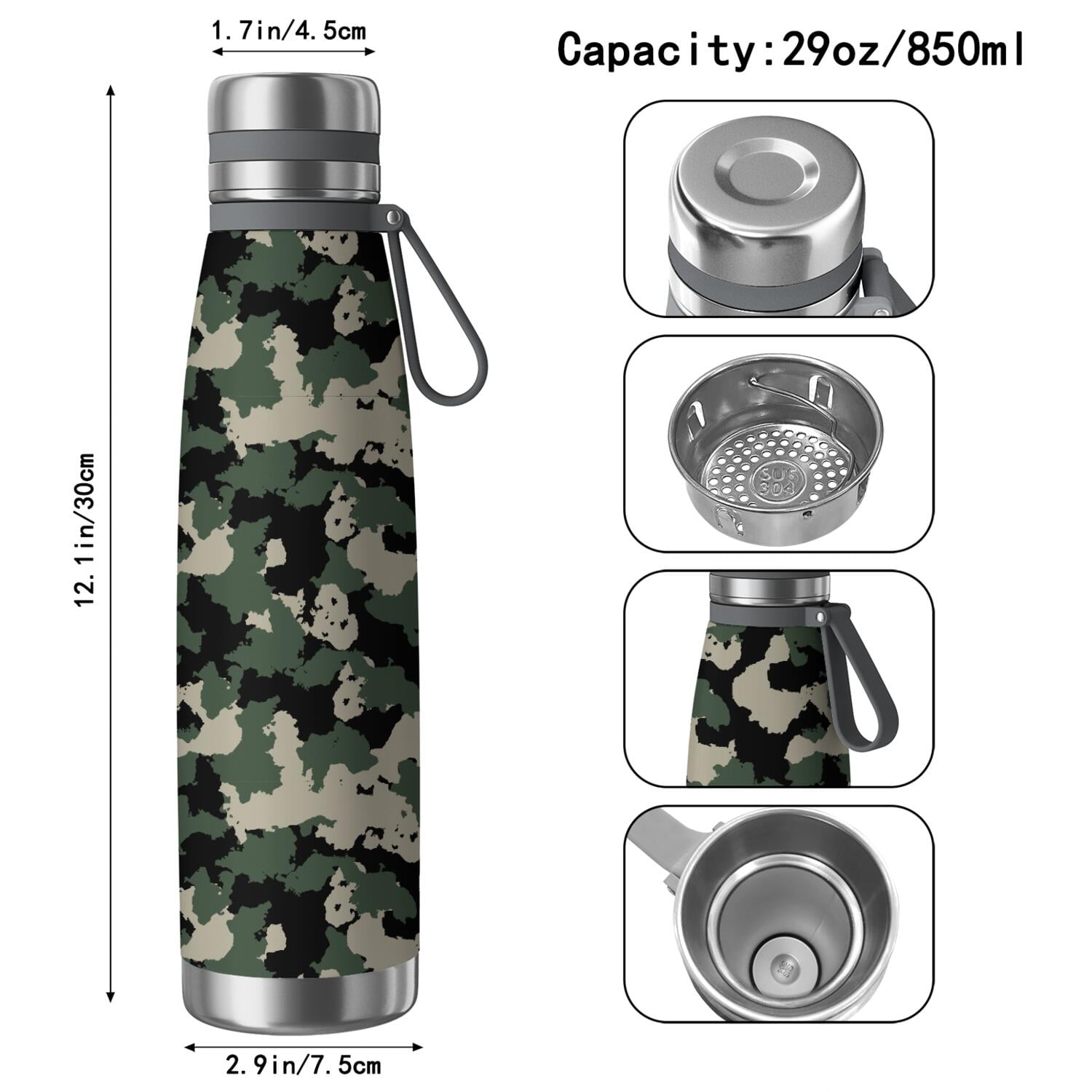 29oz Insulated Water Bottle with Tea Infuser, Stainless Steel Travel Mug, Camouflage Print