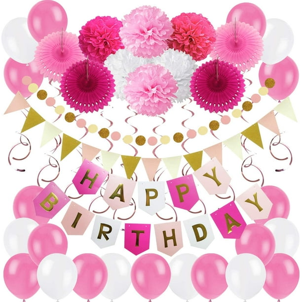RV Decoraciones de cumpleaños, pancarta de cumpleaños, decoración de fiesta, 43 piezas de pancarta de feliz cumpleaños, pompones, pancarta triangular, guirnaldas, remolinos colgantes y globos - rosa oso de fresa Electrónica