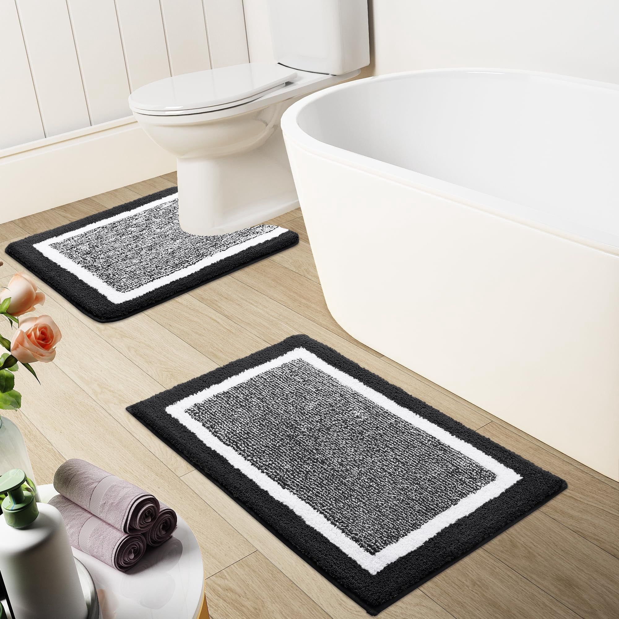 Smiry U-Shaped Luxury Bathroom Rugs, Ultra Soft and Absorbent Microfiber Contour Bath Rug, Non-Slip Machine Washable Toilet Rug, 24"x20", Black and White