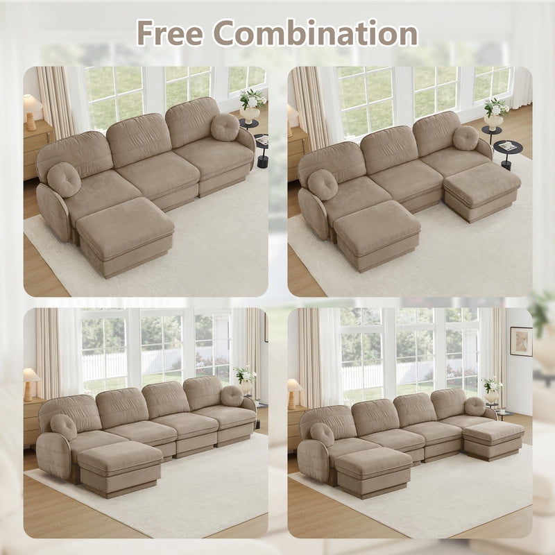 Chenille Modular Sofa with Ottoman, 2-Seater Deep Seat Cloud Couch, Convertible Sectional Sofa with Quilted Cushions & Round Pillows, Modern Sofa for Living Room, Apartment,Coffee