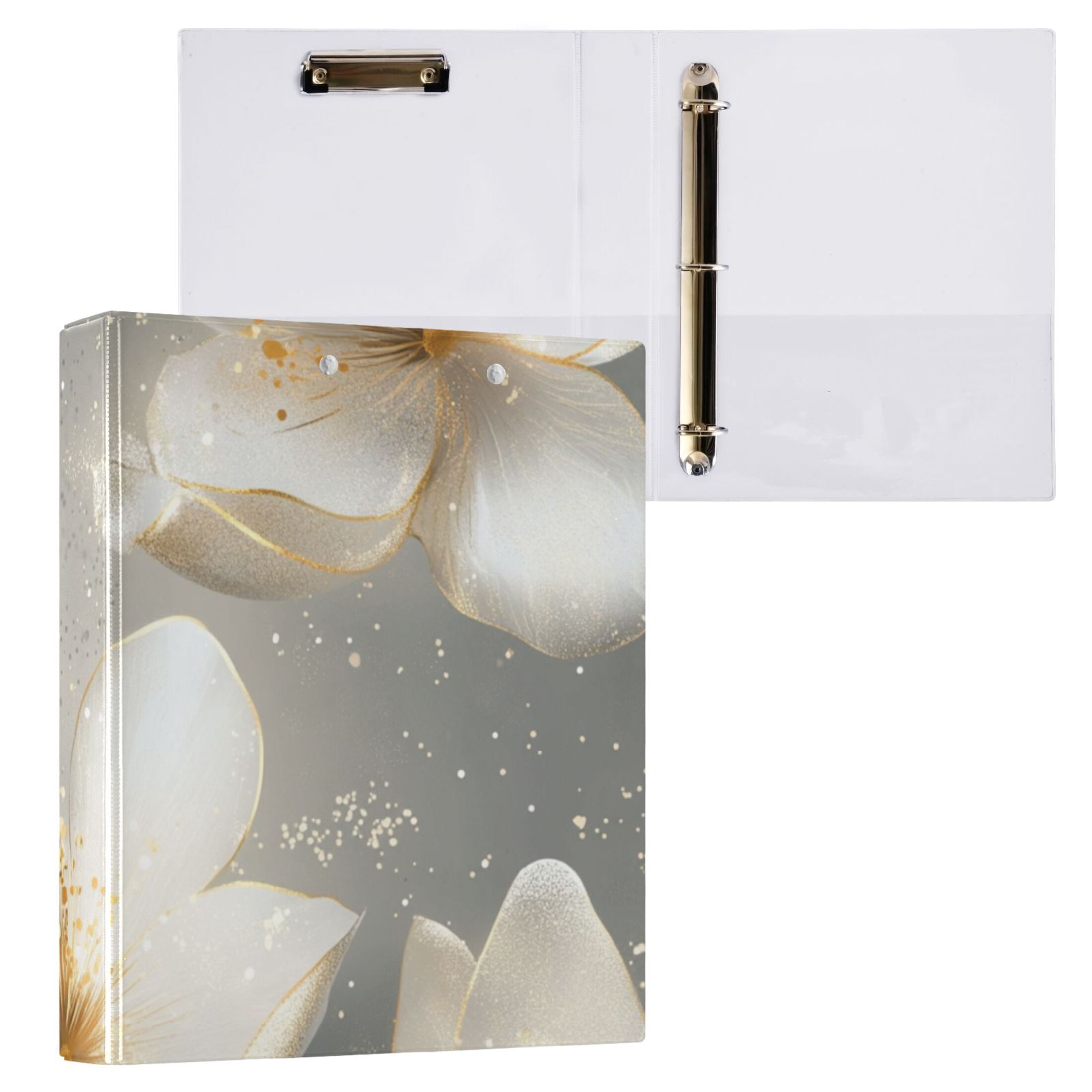 Gold Flowers 3 Ring Binders 1.5 inch Hardcover File Folders with Interior Pockets A4 Size Organizer for School Office Hospital
