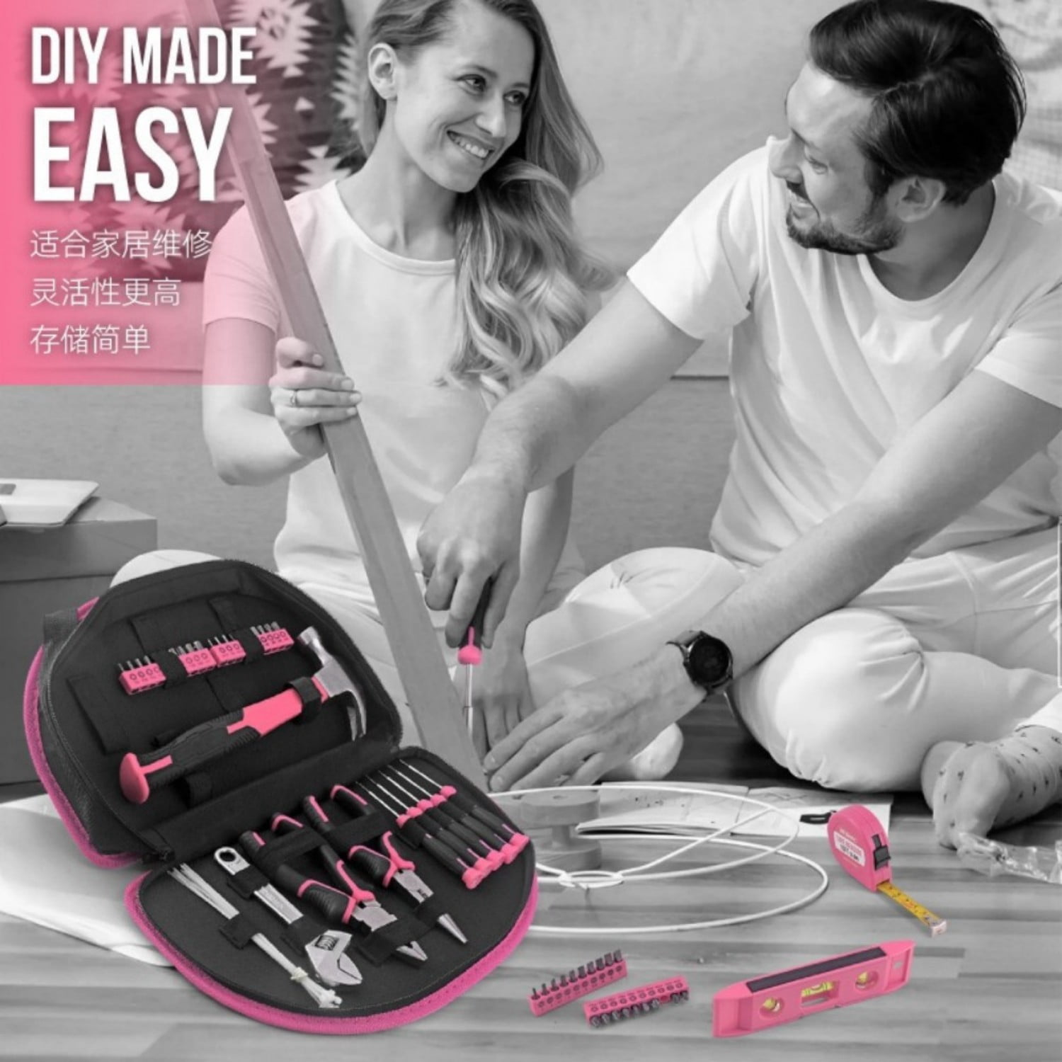 Pink Tool Kit - 128 Pieces Pink Tool Set with Easy Carrying Round Pouch, Household Tool Kit Perfect for DIY, Home Maintenance