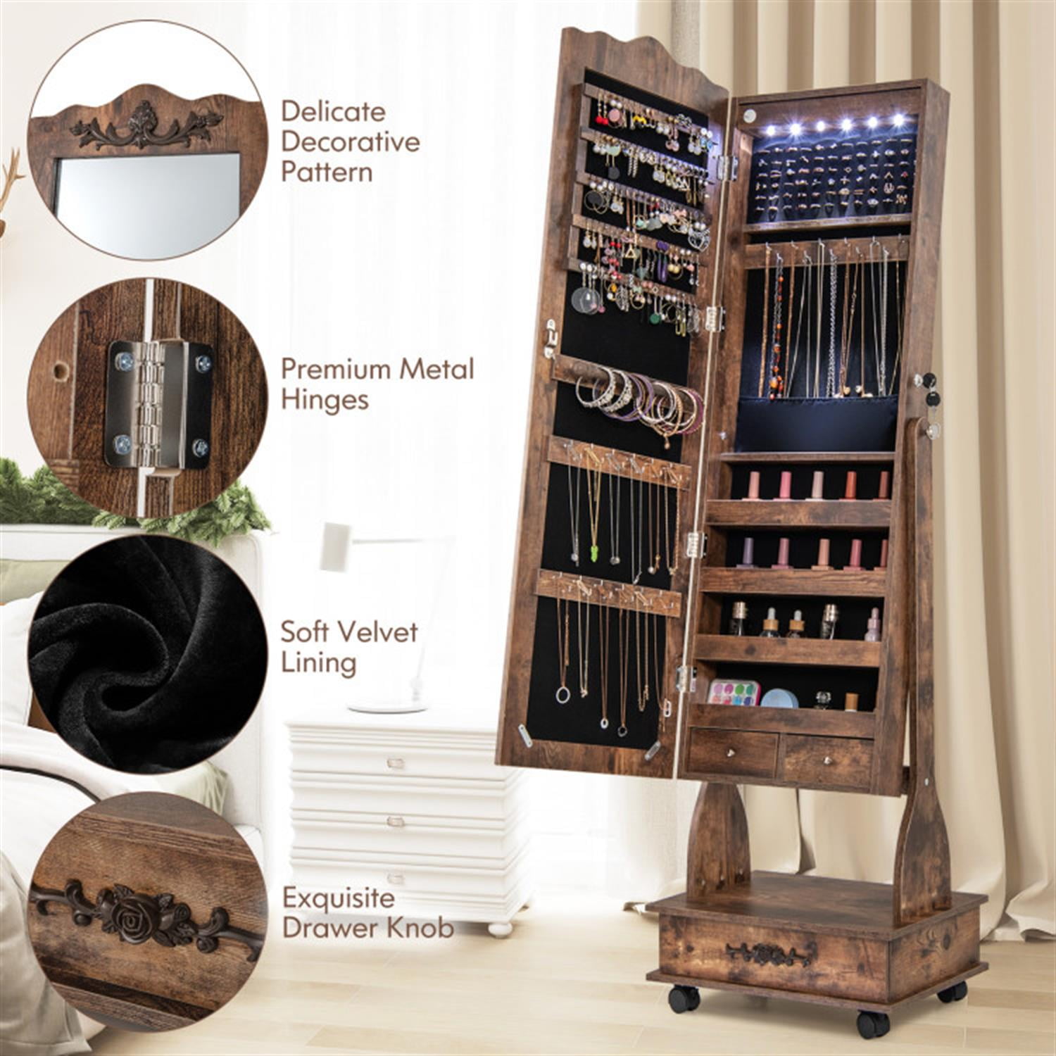 Demi Bonn Freestanding Rolling Floor Standing Mirrored Jewelry Armoire with Lock and Drawers, Lockable Makeup Storage Organizer, Brown