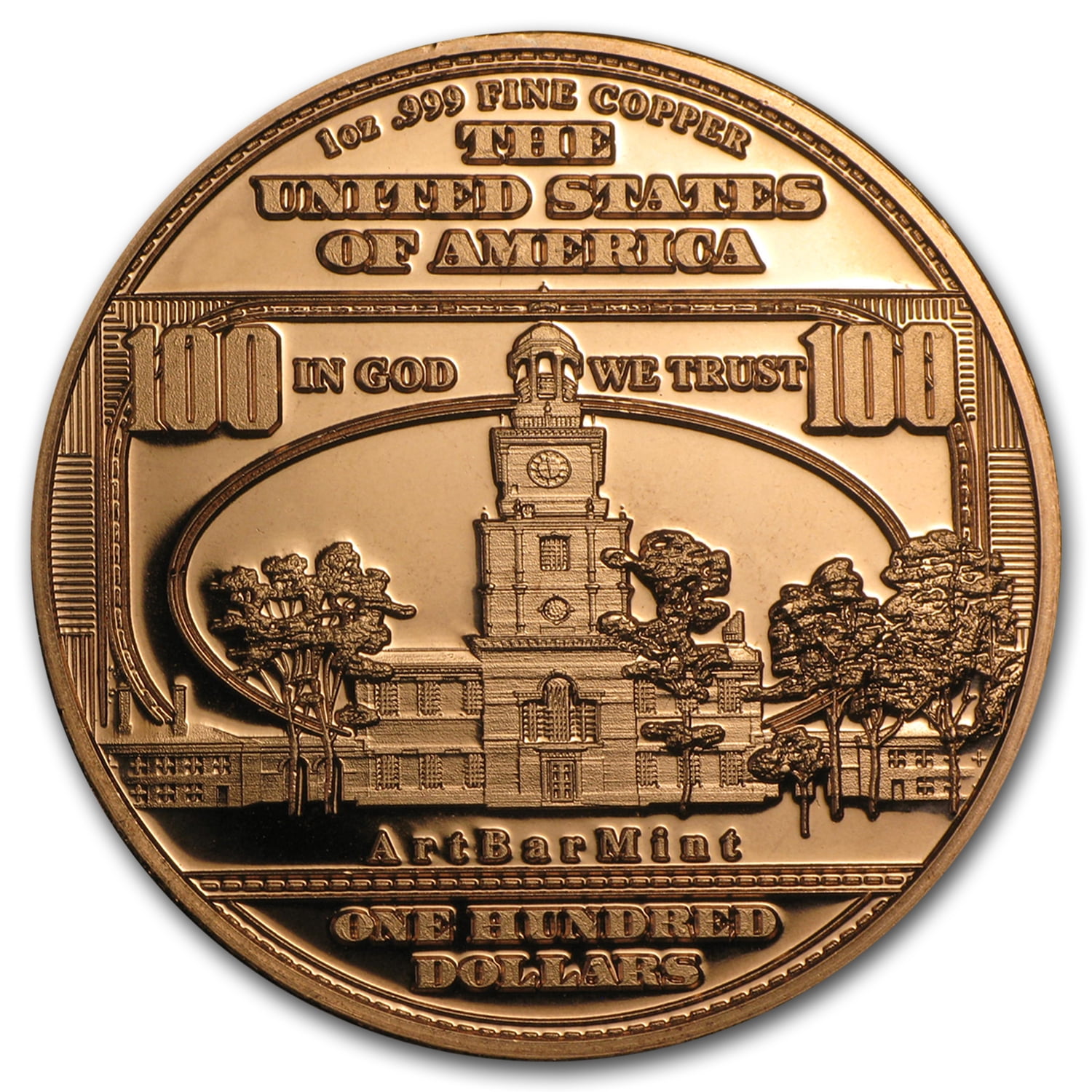 $100 Ben Franklin Banknote Copper 1 oz .999 Copper Round 