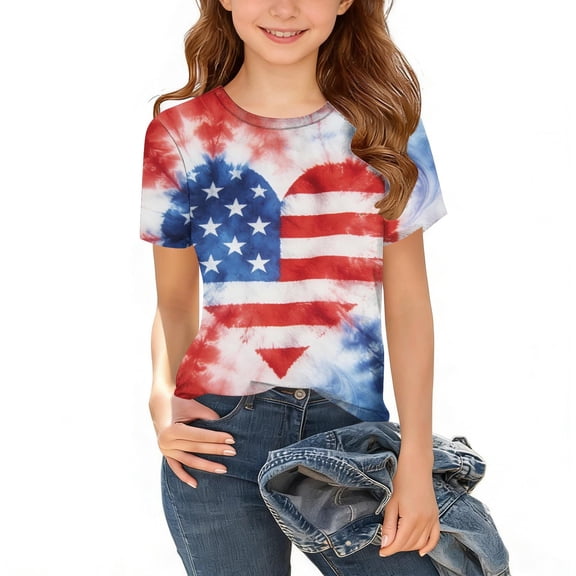 Spazoro Girls Graphic T-Shirts Tee, Independence Day Short Sleeve Crew Neck Summer Casual Tops for Kids Beige Size 5-6
