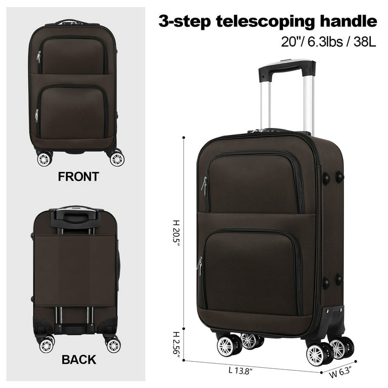 20 inch Softside Carry On Suitcase Travel Luggage Bag with Spinner Wheels  Lock , Brown 