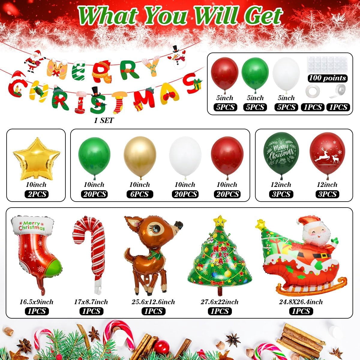 Christmas Balloon Garland, Christmas Balloon Arch with Red Green White Gold Merry Christmas Balloons Xmas Candy Cane Santa Elk Mylar Foil Balloons, Christmas Party Decorations