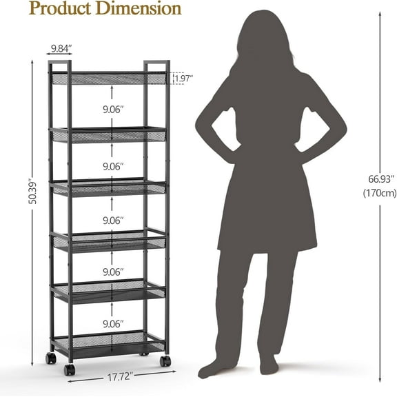 6 Tier Slim Rolling Storage Cart, Narrow Mobile Shelving Unit Organizer Utility Cart with Wheels, Metal Wire Storage Rack with Baskets for Kitchen, Bathroom, Laundry & Living Room, 10in(W)