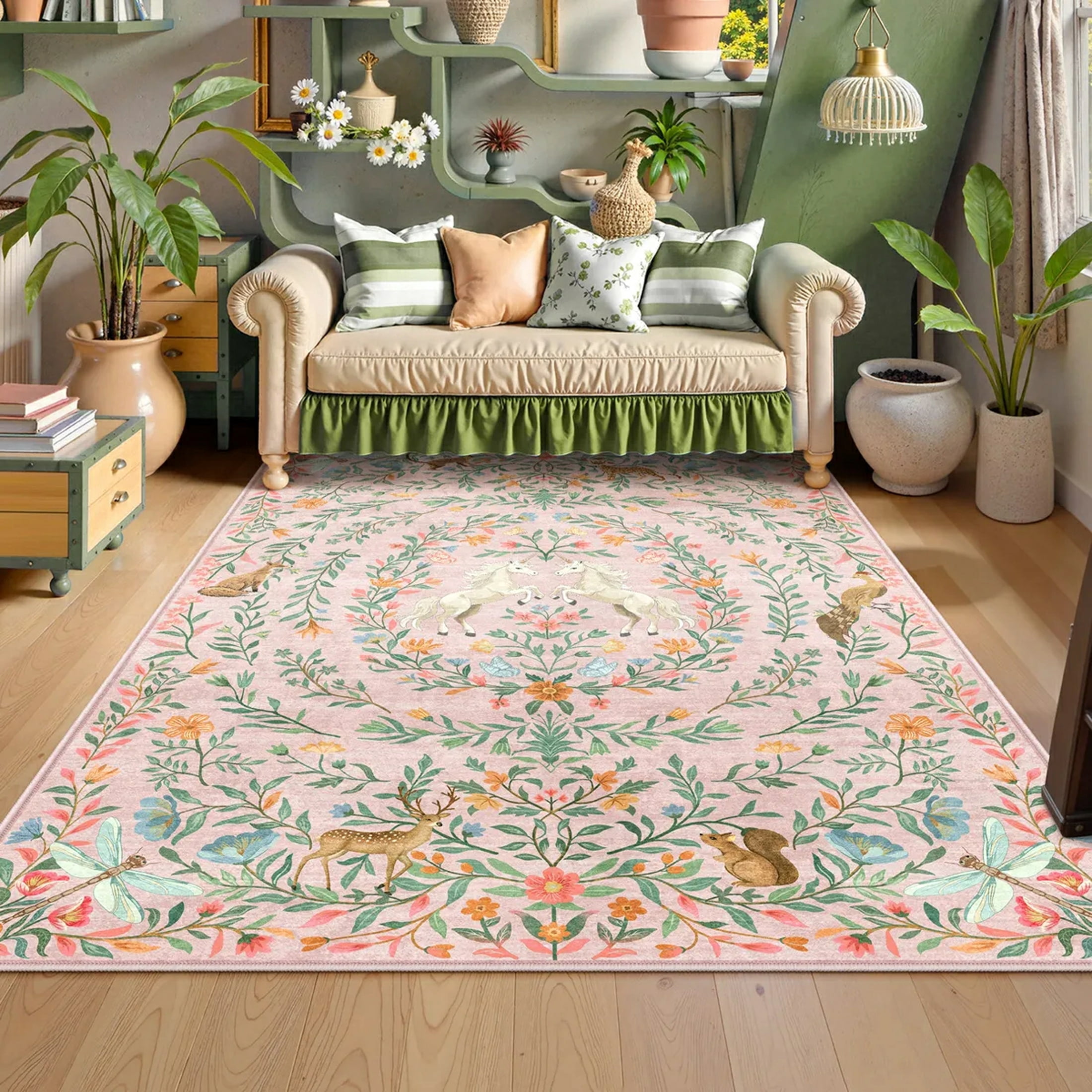 Moynesa 8'x10' Fantasy Garden Area Rugs for Living Room, Washable Vintage Botanical Unicorn Girls Rugs for Bedroom, Large Animal Accent Carpet for Dining Room Nursery Playroom, Pink
