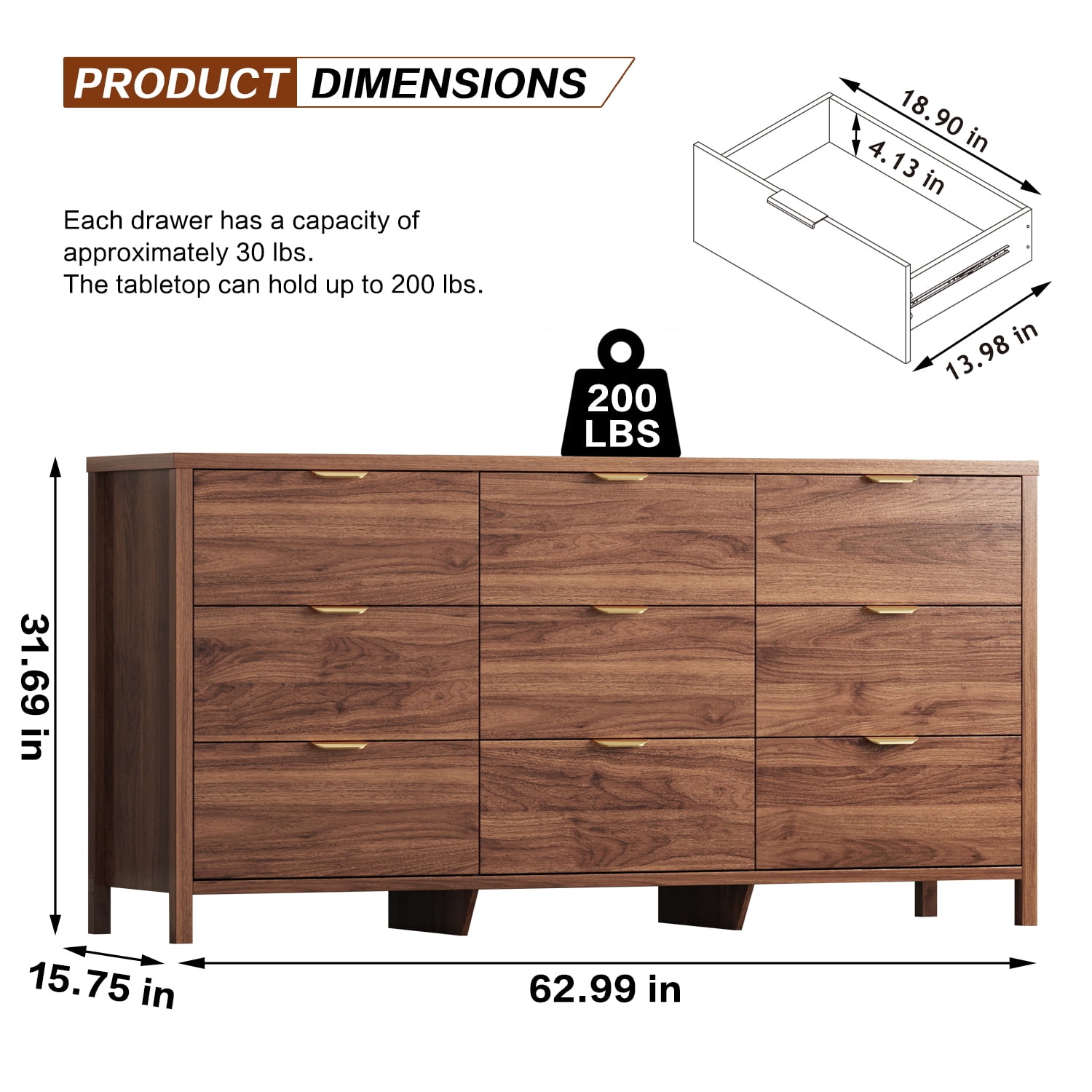 Arulvmrn medieval-style 9-drawer dresser, 63" chest, wood organizer for bedroom/living room, walnut.