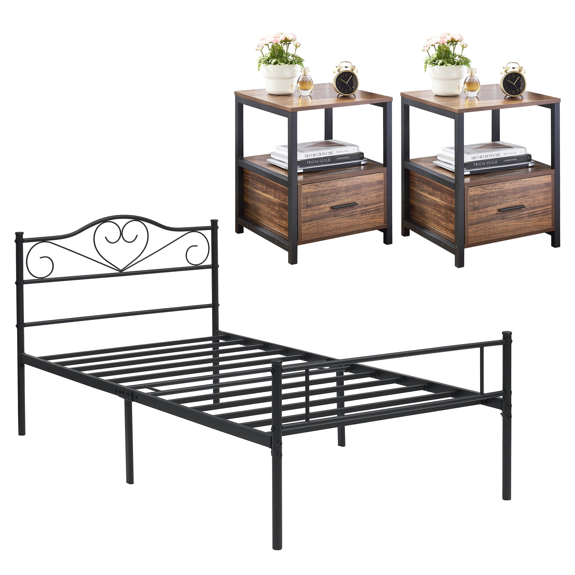 VECELO 3Piece Bedroom Set Include Twin Metal Bed Frame and 2 Brown Nightstands (Set of 3