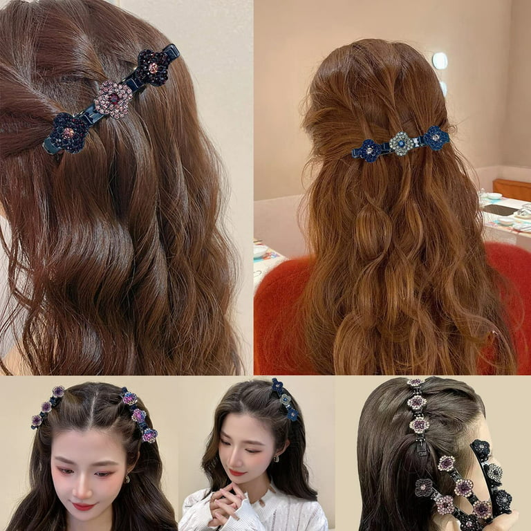 Menkey Braided Hair Clip with Rhinestones, Rsvelte Hair Clips, Hair Clip with 3 Small Clips, Satin Fabric Hair Bands, Four-Leaf Clover Hairpin