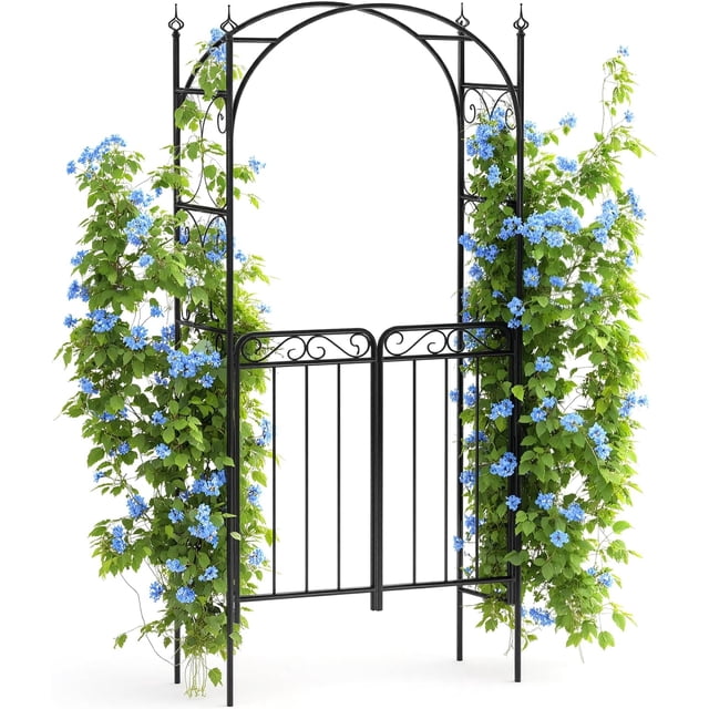 Bingirl 8FT Garden Arch Arbor with Gate Black for Vines Flowers Roses Outdoor Decor