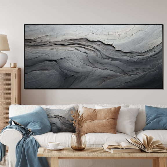 Designart "Stone River Grey and White Serenity III" Extra Large Fractal Framed Wall Art - Modern White Abstract Entryway Framed Wall Art Print