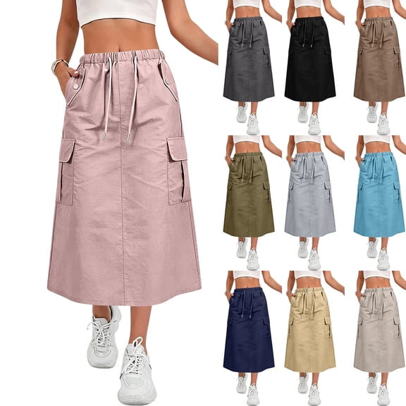Cargo Skirts for Women Drawstring Elastic High Waist Midi Skirts Quick Dry Lightweight Causal Skirts with Multi Pockets, M