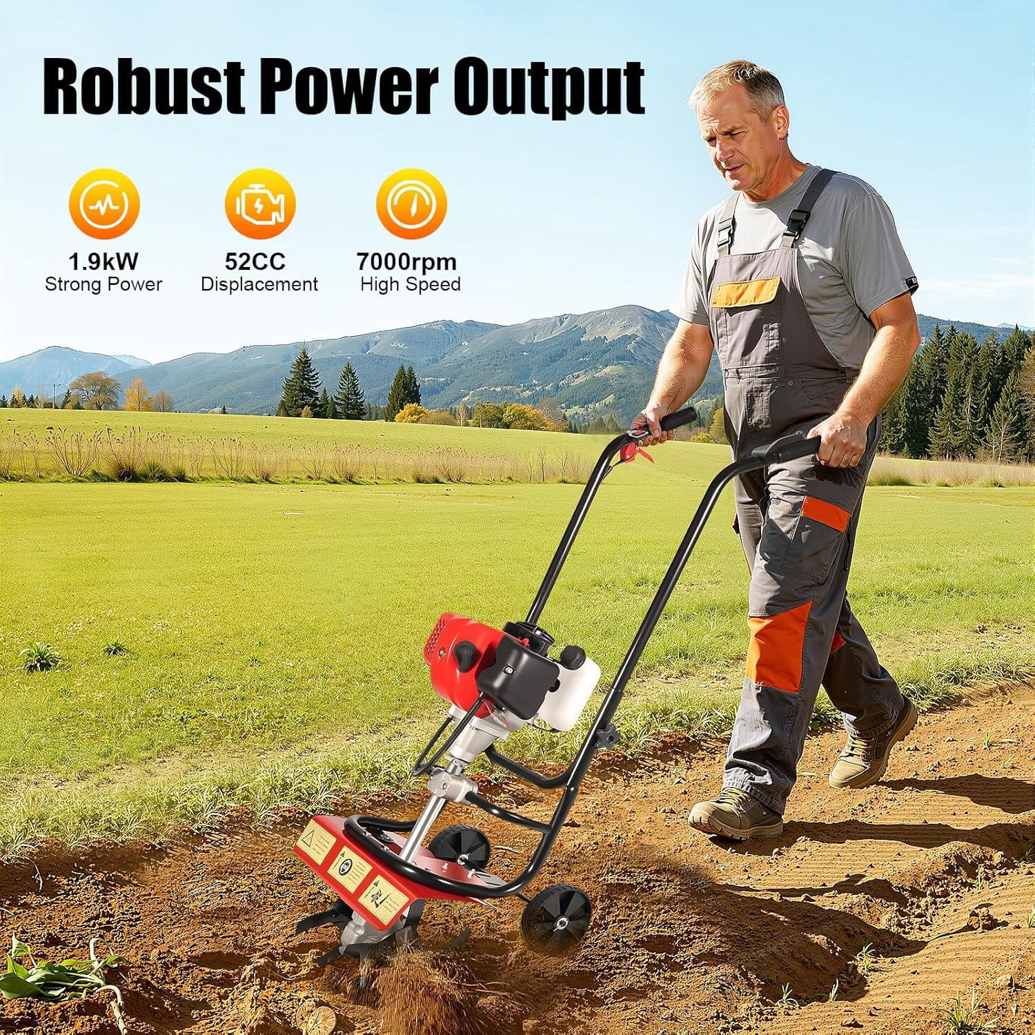 52cc Gas Power Garden Tiller Cultivator, 2-Stroke Mini Gasoline Tiller Hand Rotary Cultivator Garden Tool 0.2gal 14.17in Width Farmyard Rototiller for Sandy Land Loose Soil