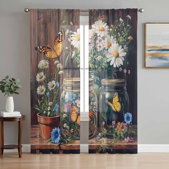 Butterfly Floral Sheer Curtains 63 Inch Length 2 Panels Set, Country Daisy Wildflower Brown Barn Door Voile Window Treatment Curtains Sheers Drapes for Bedroom/Living Room/Kitchen 52x"63"x2