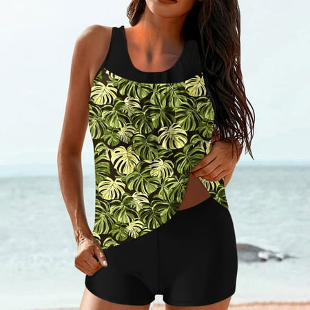 Fnochy Women Modest Swimdress Two-Piece Swimsuits Strappy Back Vintage Print Bathing Suit with Removable Padded Bra  High Elastic Waistband for Beach Pool Party