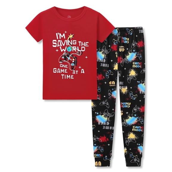 Beezizac Little Boys Pajamas - Soft Snug-fit Red Short Sleeves & Pants Jammies Set Gamer Toddler Sleepwear Size 7