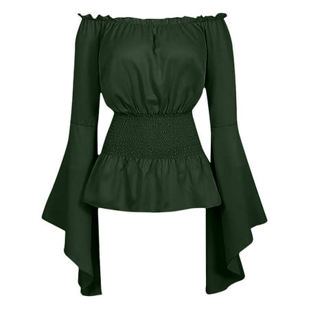 QLEICOM Womens Summer Tops Oversized T-shirts Boho Vintage Ruffle Off Shoulder Corset Flare Sleeve Casual Loose Tunic Tank Tops Women Shirts Blouses Green S