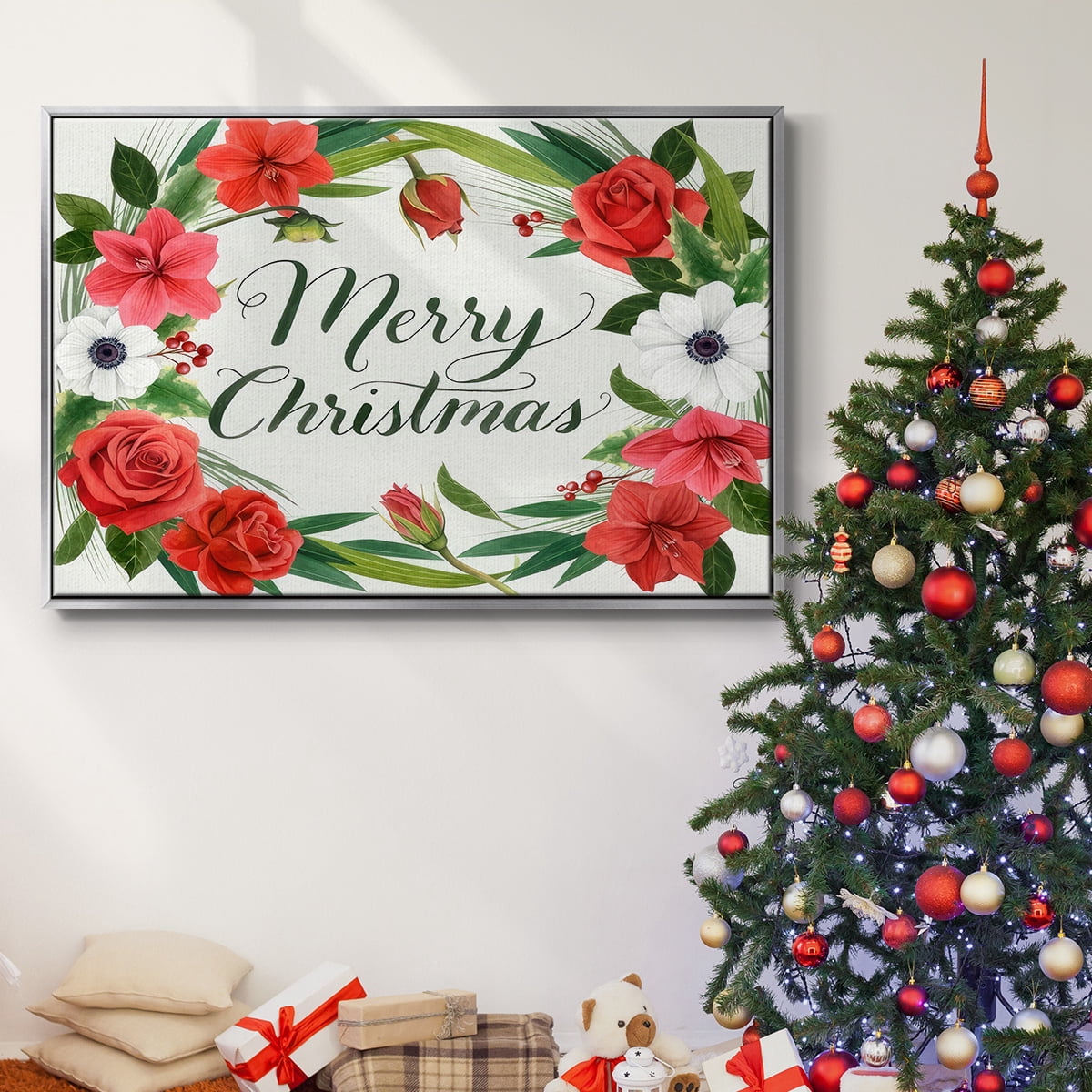 Christmas Flora Wreath Collection A - Framed Gallery Wrapped Holiday Canvas - 17 x 25 - Silver Frame