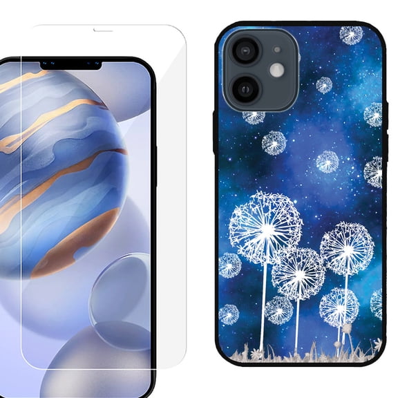 Slim-Fit Protective Phone Case (Black) compatible with iPhone 12 / iPhone 12 Pro, with Tempered Glass Screen Protector, by OneToughShield ® - Dandelion Stars