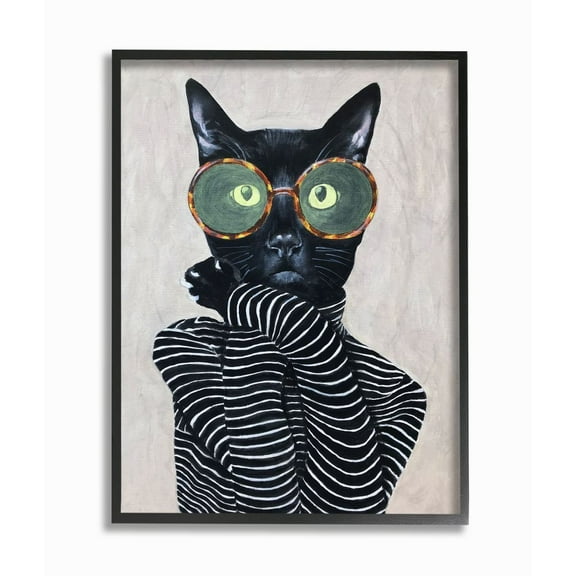 The Stupell Home Decor Collection Fashion Feline Striped Shirt And Round Glasses Cat Framed Giclee Texturized Art
