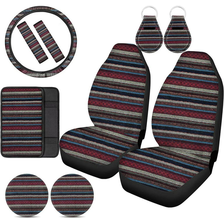 Pzuqiu Baja Striped Vintage Car Interior Accessories Set for Men with Seat Belt Sets Covers,Steering Wheel Cover for Women Soft,Car Cup Holder Coaster
