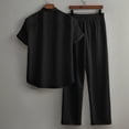 thumbnail image 3 of JUUYY Men's 2 Piece Set Pleated Texture Button Down Short Sleeve Collar Shirt Relaxed Fit Elastic Waist Long Pants Vacation Outfit Black L, 3 of 8