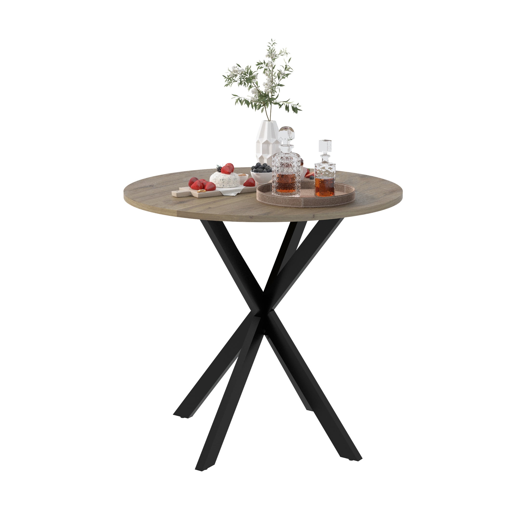 Noble House Prevale 31.5" Round Dining Table for 2–4, Small Modern Wooden Kitchen Table with Black Metal Legs, Brown