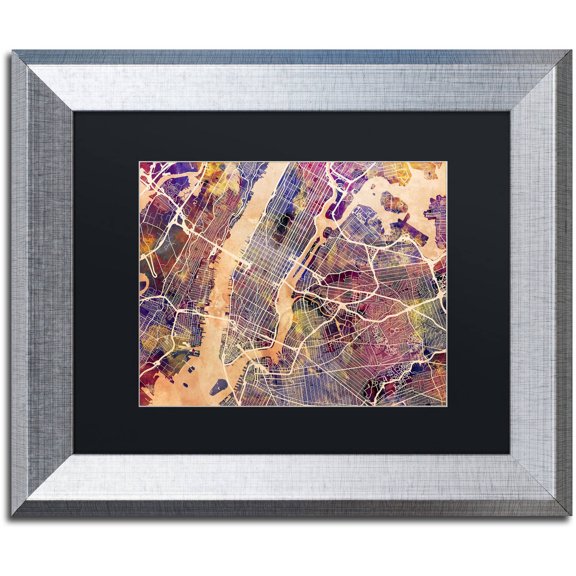 Trademark Fine Art "New York City Street Map" Canvas Art by Michael Tompsett, Black Matte, Silver Frame