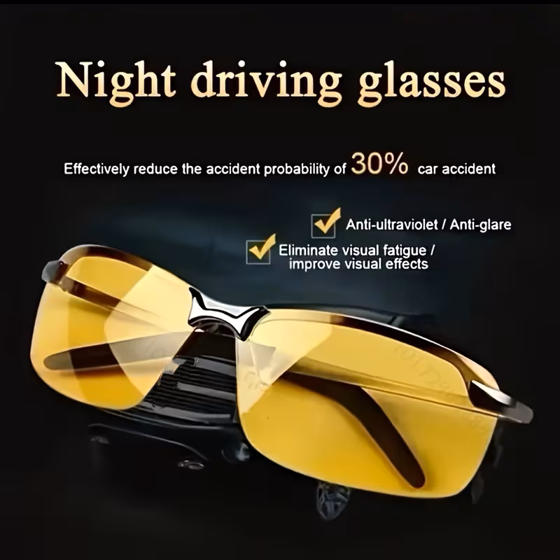 Ultra-Light Night Driving Glasses, Semi-Rimless Design for Wider Night Vision, TAC Lenses TR Frame