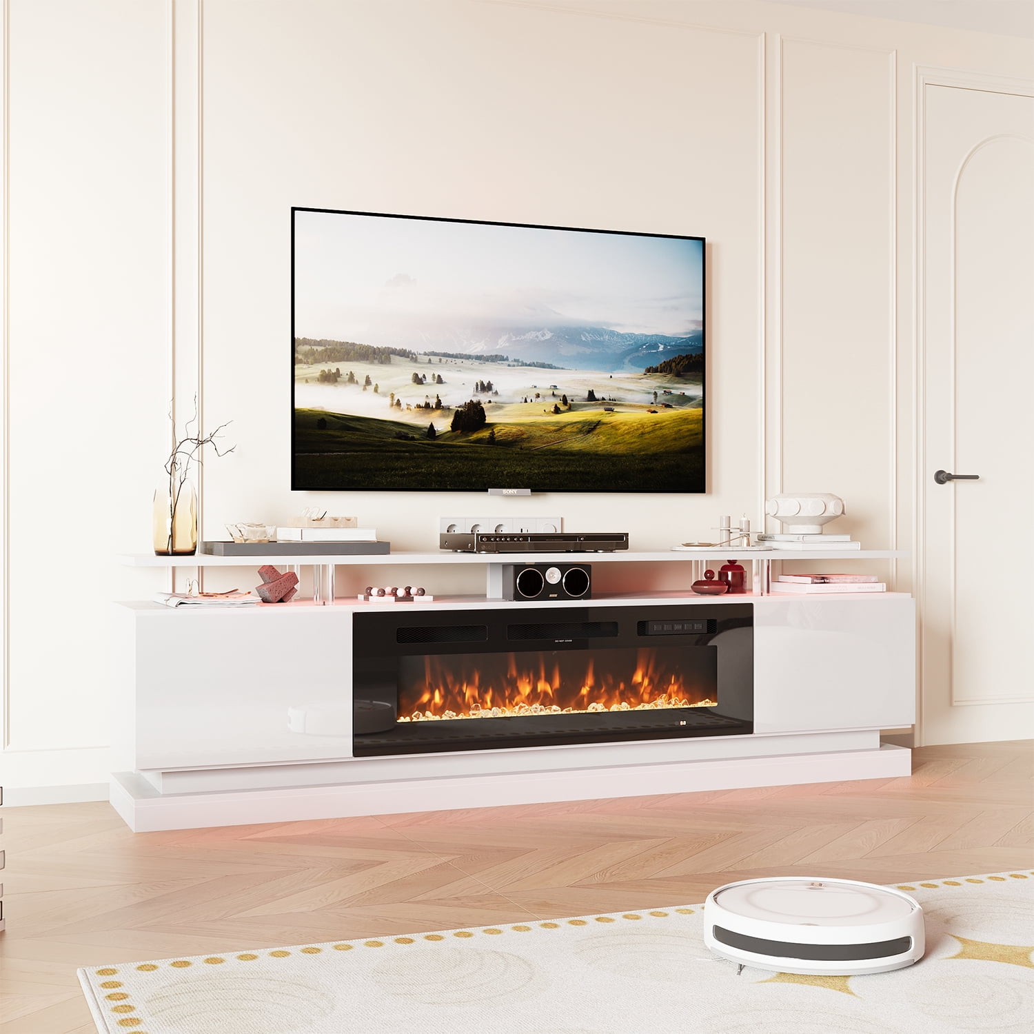BaPiPro 70" Fireplace TV Stand for TVs Up to 80", Modern Entertainment Center, White TV Console with 36" Electric Fireplace & LED Lights, White