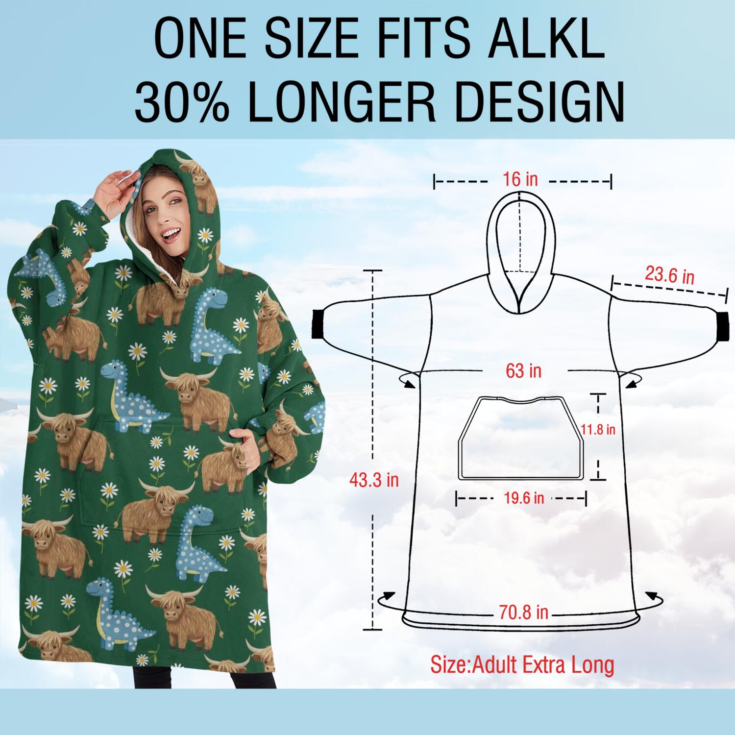 Oversized Wearable Blanket Hoodie,Green Highland Cow Dinosaur Pattern Sherpa Blanket Hoodie with Super Pockets,Super Warm Fuzzy Pullover for Women & Men
