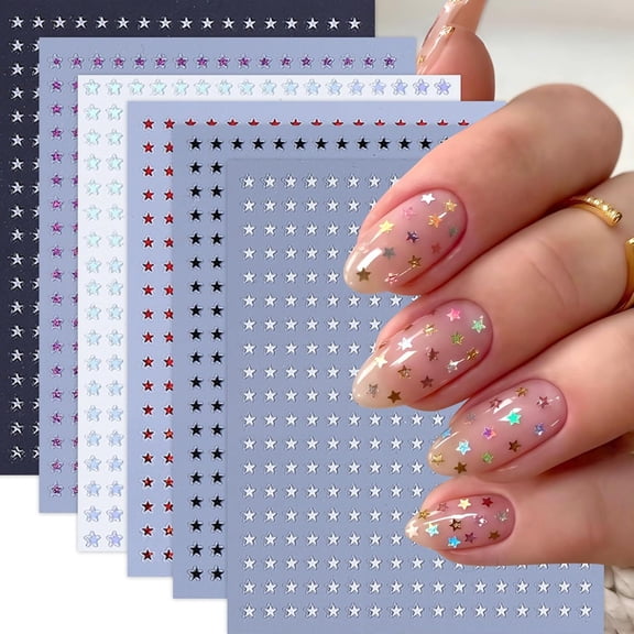 RAGUPEL Star Nail Stickers 3D Self-Adhesive Glitters Starlight Nail Art Stickers Shiny Stars Glitters Nail Decals Black White Red Purple Laser Silver Stars Gold Nails Design Nail Supplies Women