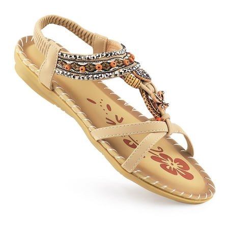 

Pmoiste Women s Flat Sandals Rhinestone Bohemian Summer Beach Sandal Elastic Ankle Strap Casual Shoes Nude 8