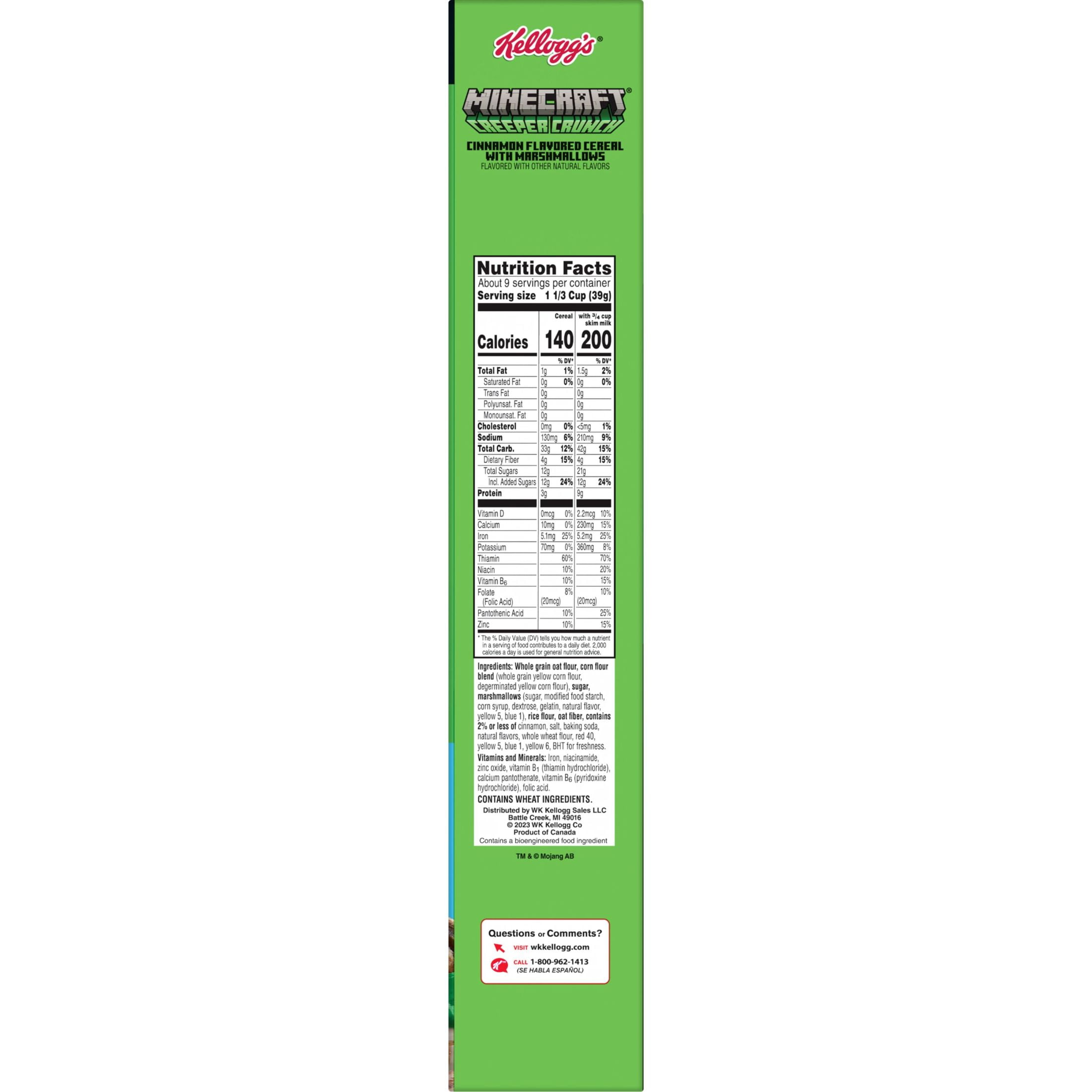 Kellogg's Minecraft Creeper Crunch Breakfast Cereal, Kids Cereal, Family Breakfast, Family Size, Cinnamon with Marshmallows, 12.7oz Box (1 Box)