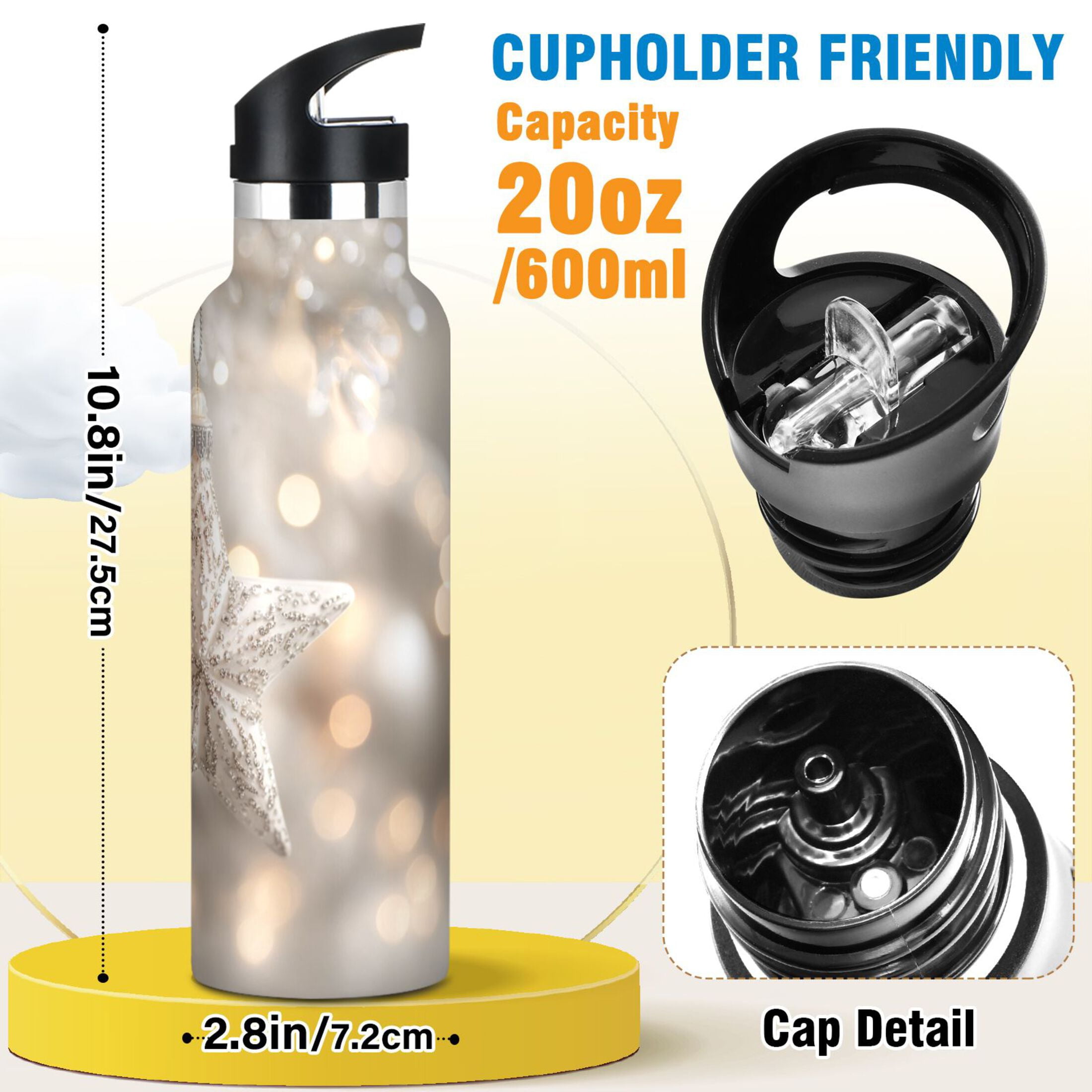 600ML Stainless Steel Insulated Cup Sports Water Bottle Portable Thermos Cup Water Glasses Insulated Tumblers Convenient and Durable Beautiful Christmas Star