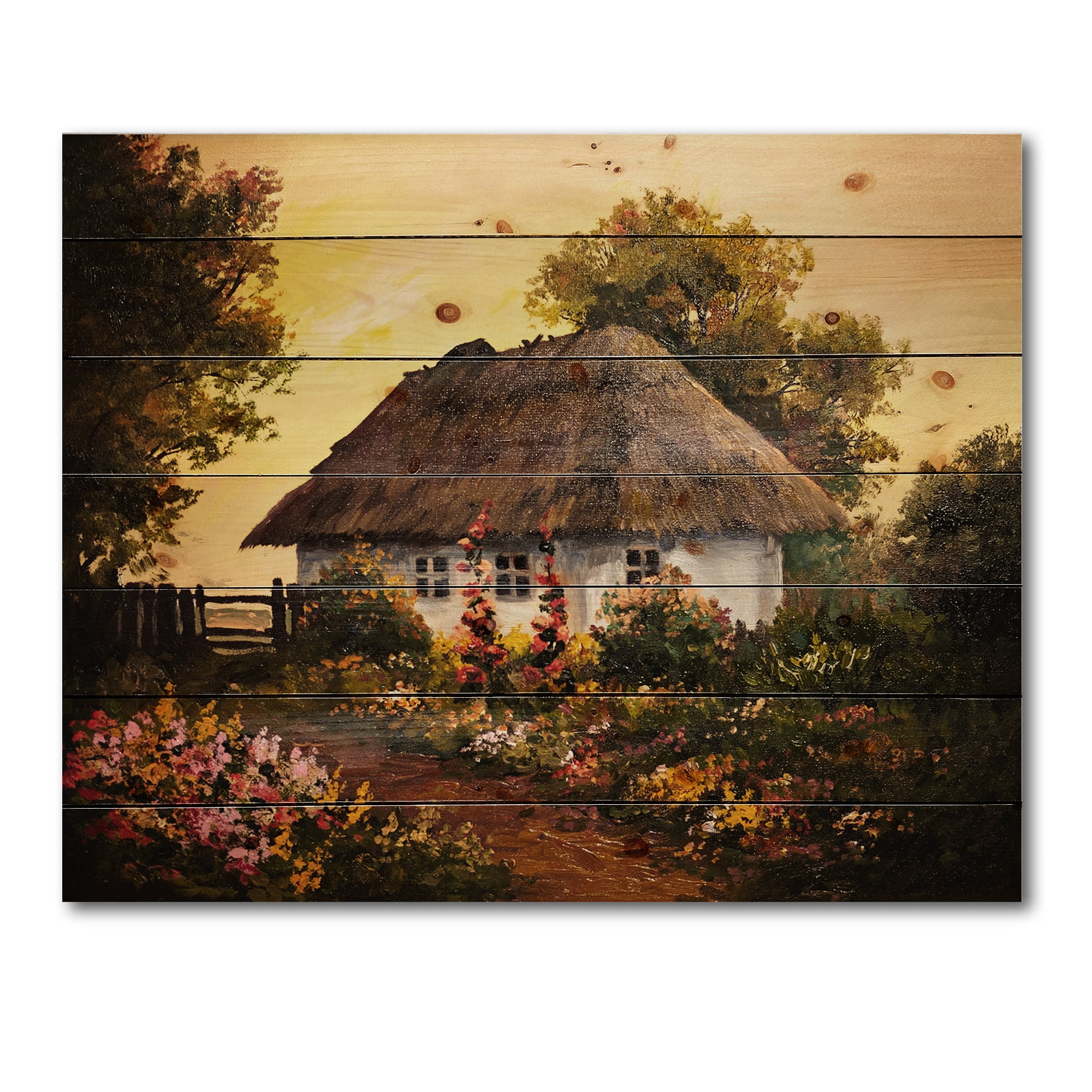 Designart 'Traditional Cottage At Sunset In Autumn Flowers' Traditional Print on Natural Pine Wood
