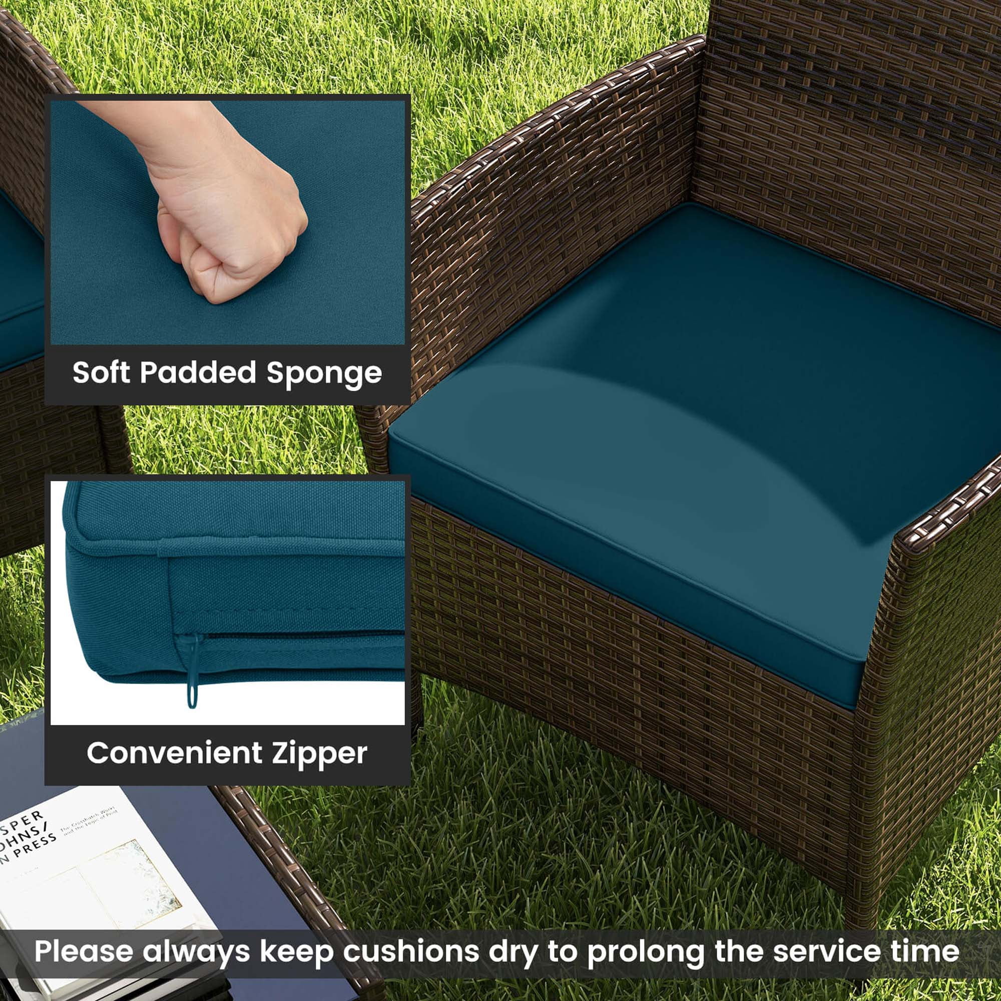 Costway 8 PCS Patio Furniture Set with Washable Cushions and Tempered Glass Coffee Table Blue